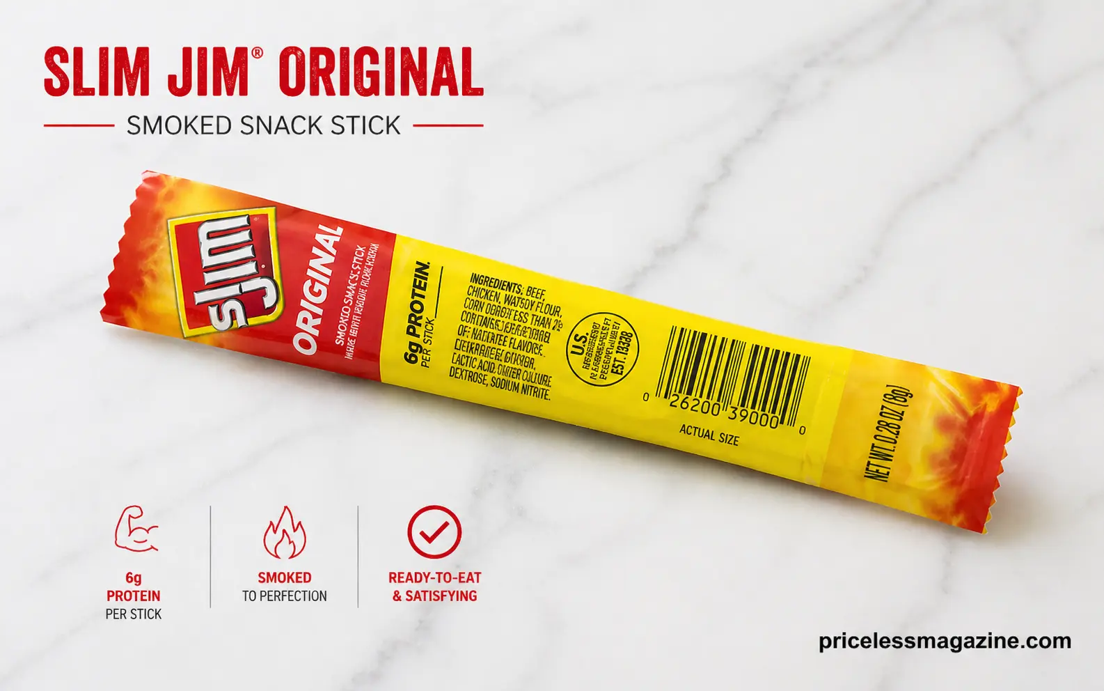 Slim Jim original meat stick in red and yellow packaging on white background
