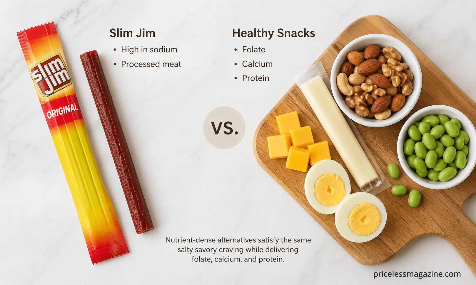 Slim Jim meat stick placed beside healthy pregnancy snacks including nuts, cheese, and boiled egg