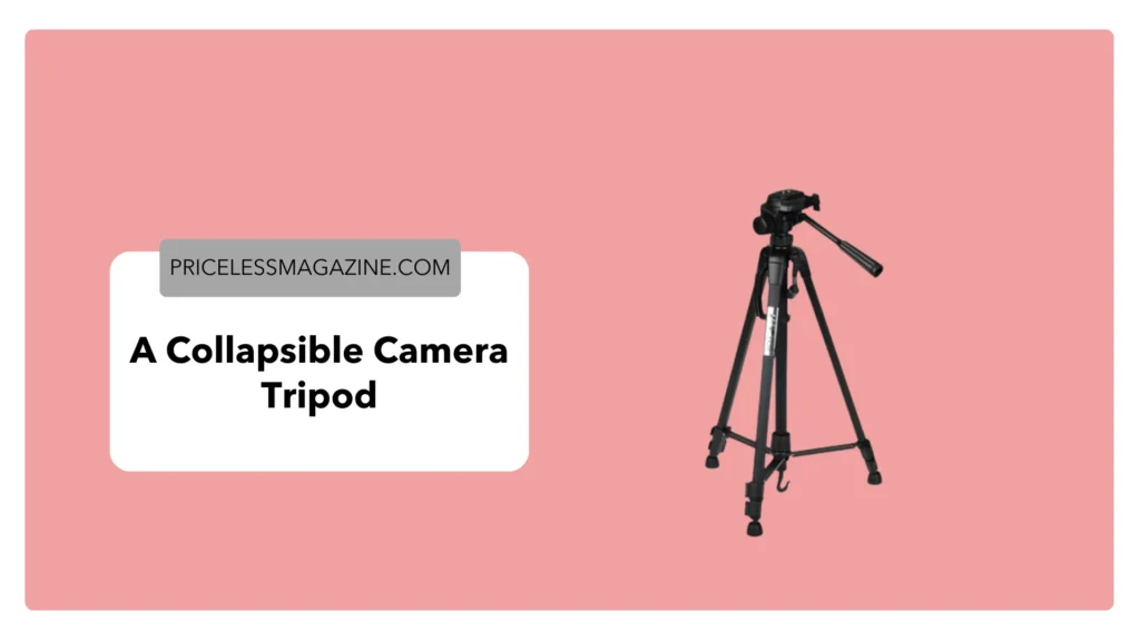 A collapsible camera tripod fully extended